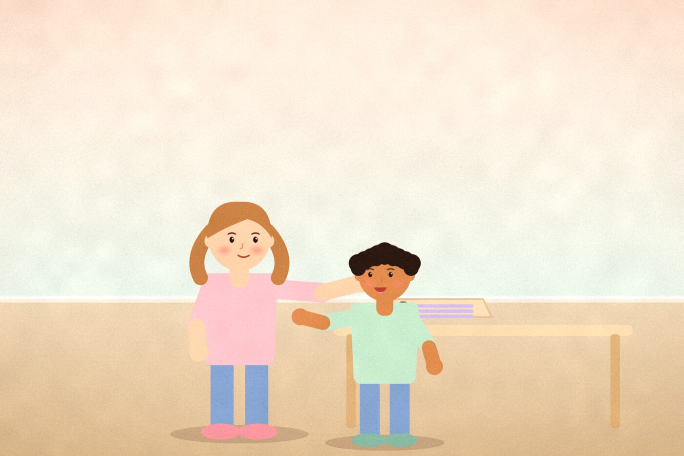 Illustration of a teenager and a parent standing by a table with a notepad showing a short checklist, two items ticked