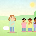 Illustration of a teenager standing apart from a small group of friends in a park, with a speech bubble showing a plain line, choosing their own response