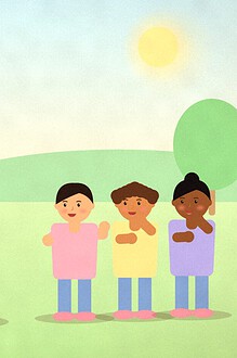 Illustration of a teenager standing apart from a small group of friends in a park, with a speech bubble showing a plain line, choosing their own response