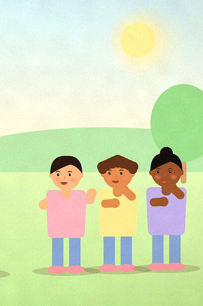 Illustration of a teenager standing apart from a small group of friends in a park, with a speech bubble showing a plain line, choosing their own response