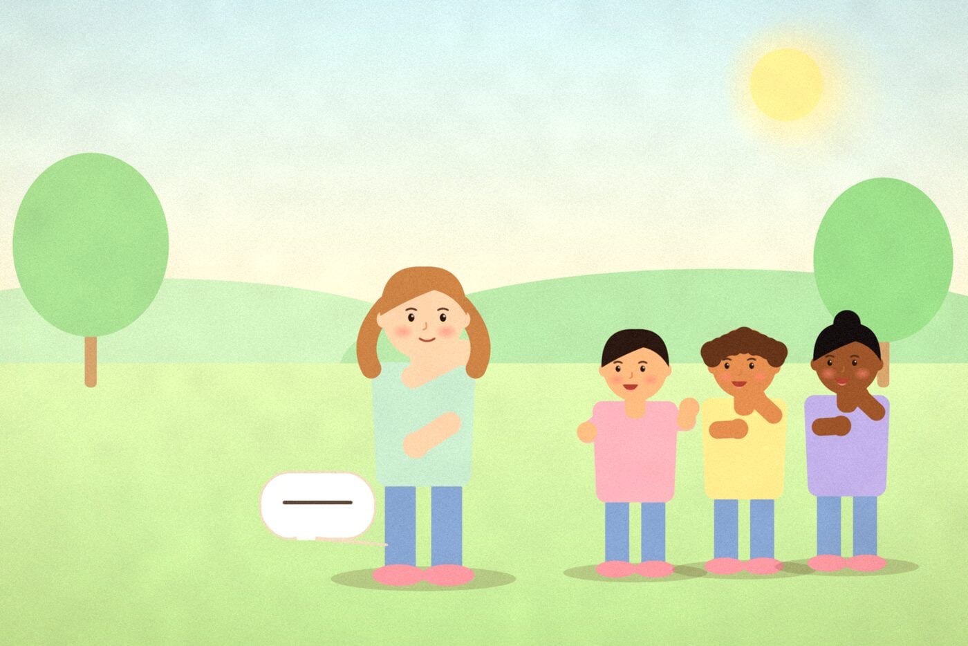 Illustration of a teenager standing apart from a small group of friends in a park, with a speech bubble showing a plain line, choosing their own response
