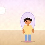 Illustration of a teenager looking into a round purple-framed mirror, with a small speech bubble of three dots nearby and a potted plant