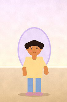 Illustration of a teenager looking into a round purple-framed mirror, with a small speech bubble of three dots nearby and a potted plant