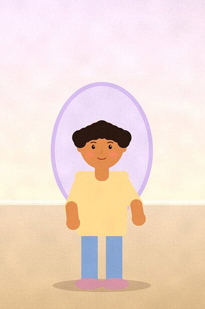 Illustration of a teenager looking into a round purple-framed mirror, with a small speech bubble of three dots nearby and a potted plant