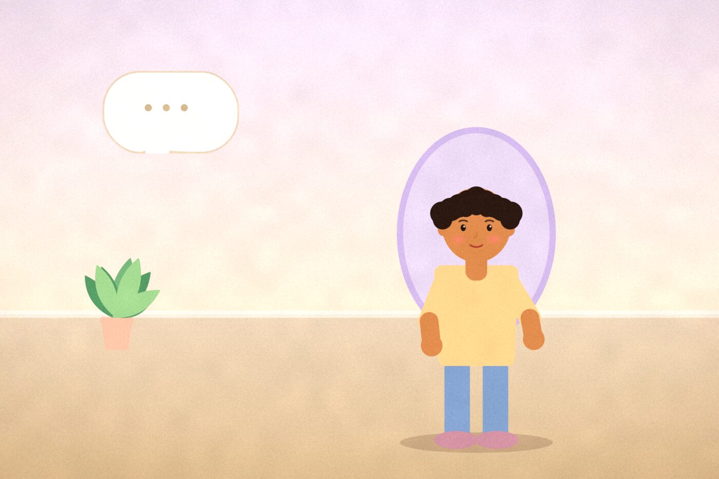 Illustration of a teenager looking into a round purple-framed mirror, with a small speech bubble of three dots nearby and a potted plant