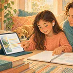 Child listening to highlighted digital text and discussing notes with a caregiver