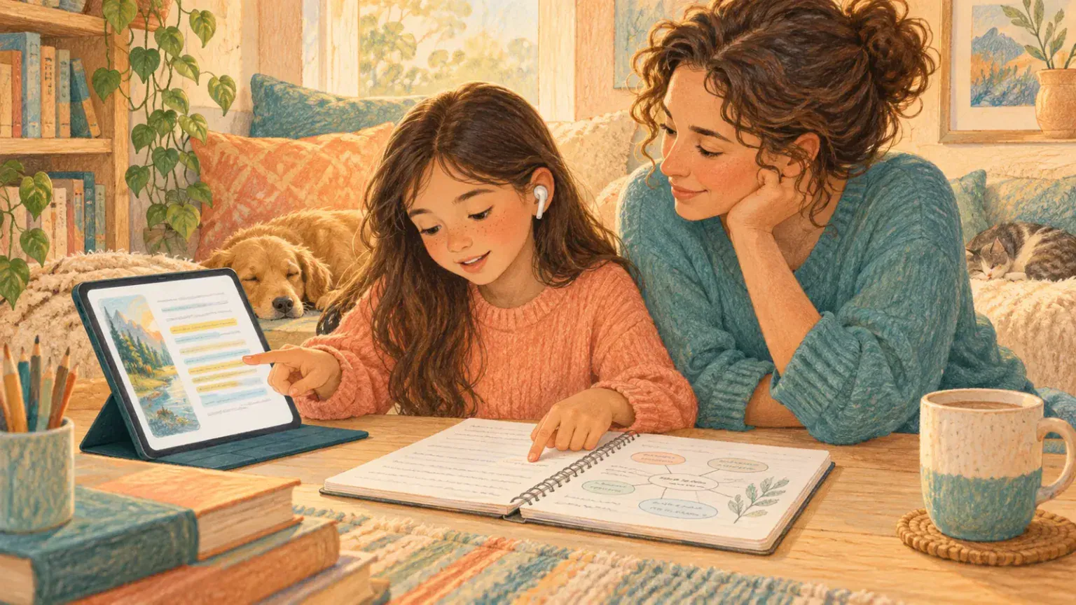 Child listening to highlighted digital text and discussing notes with a caregiver