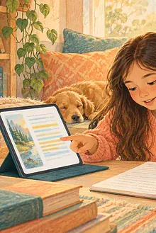 Child listening to highlighted digital text and discussing notes with a caregiver
