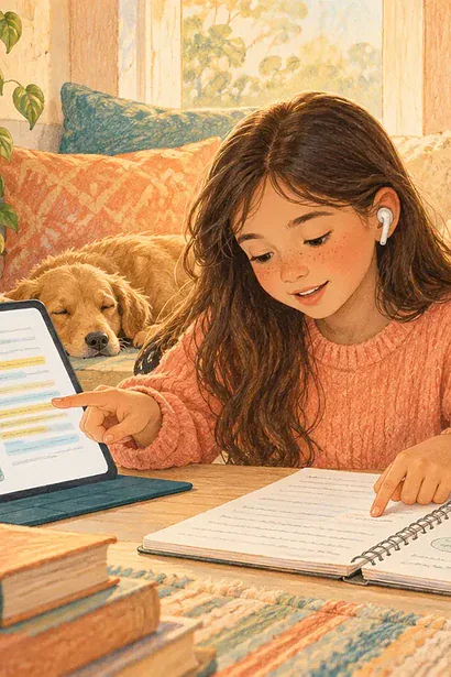 Child listening to highlighted digital text and discussing notes with a caregiver