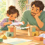 Pastel illustration of a father and child experimenting with a paper bridge
