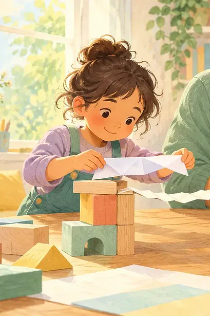 Pastel illustration of a father and child experimenting with a paper bridge