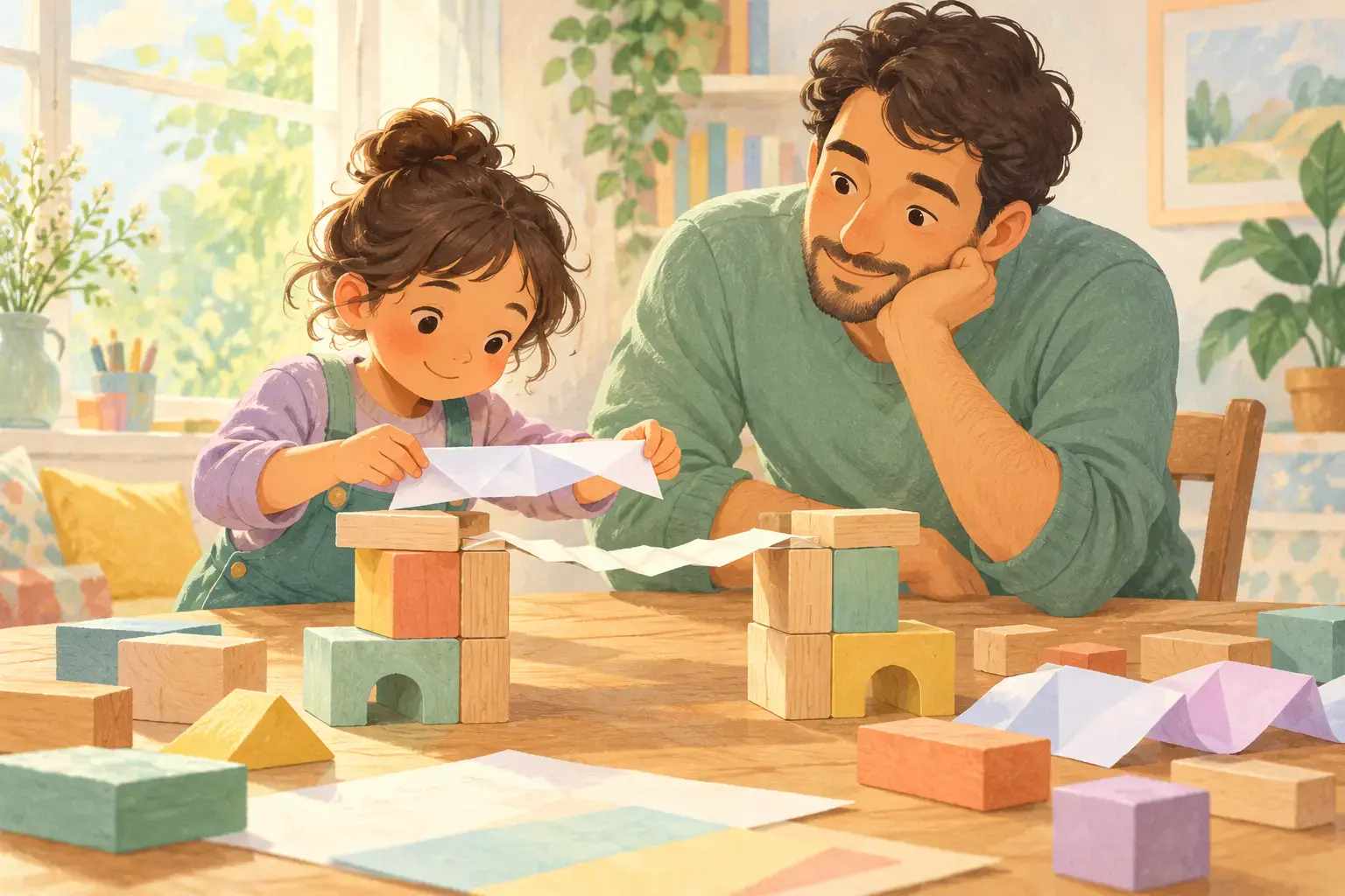 Pastel illustration of a father and child experimenting with a paper bridge