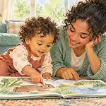 Toddler and caregiver sharing a picture book and following the child’s pointing on the floor