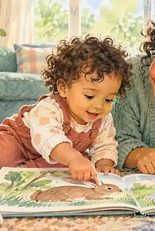 Toddler and caregiver sharing a picture book and following the child’s pointing on the floor