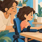 Child with supported arm using a large trackball beside a joystick and laptop