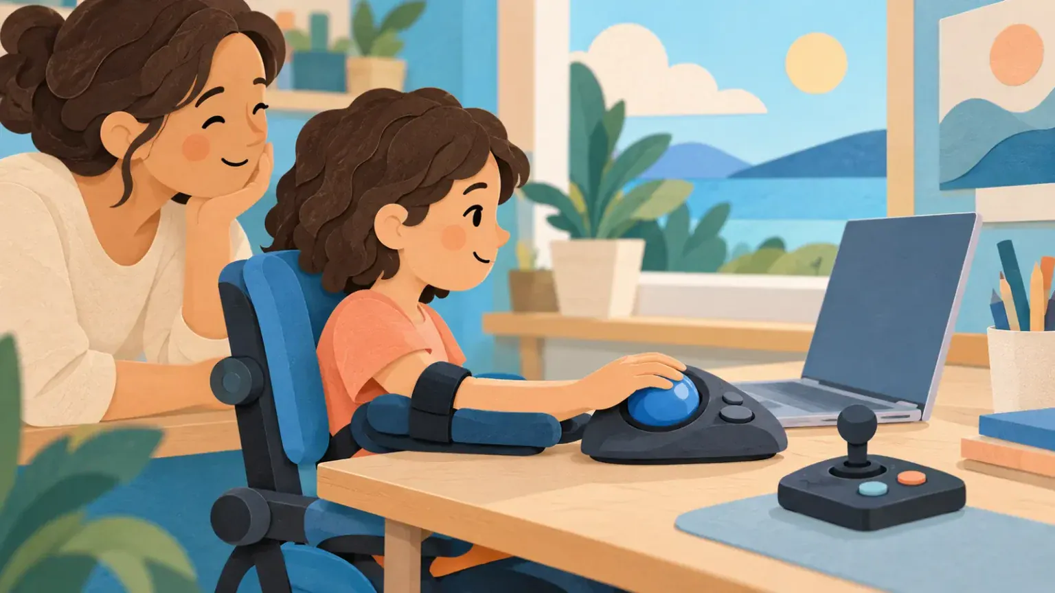 Child with supported arm using a large trackball beside a joystick and laptop