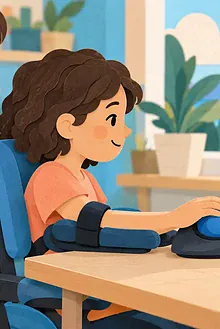 Child with supported arm using a large trackball beside a joystick and laptop