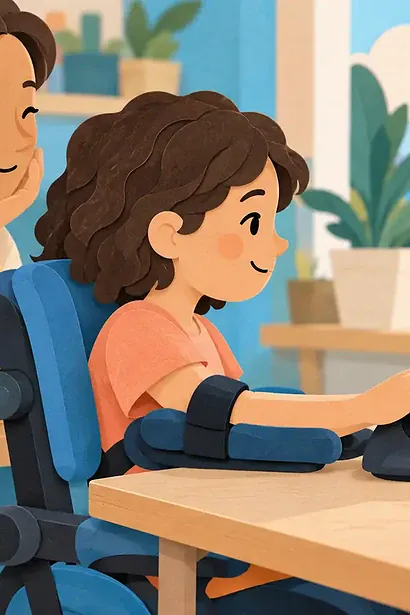 Child with supported arm using a large trackball beside a joystick and laptop