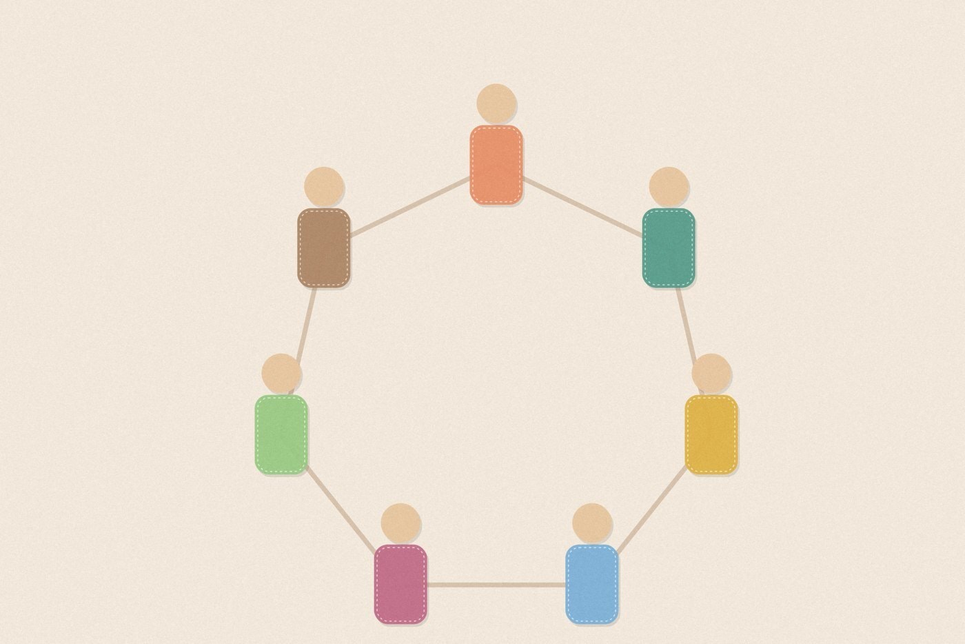 Felt appliqué style illustration of colourful soft rounded figures with dashed stitch borders, arranged for the activity 'The Trust Ring: a group sits without any chairs'
