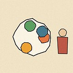 Linocut-style woodblock print illustration of a round plate with colourful food shapes arranged around its edge, representing vitamin A rich foods