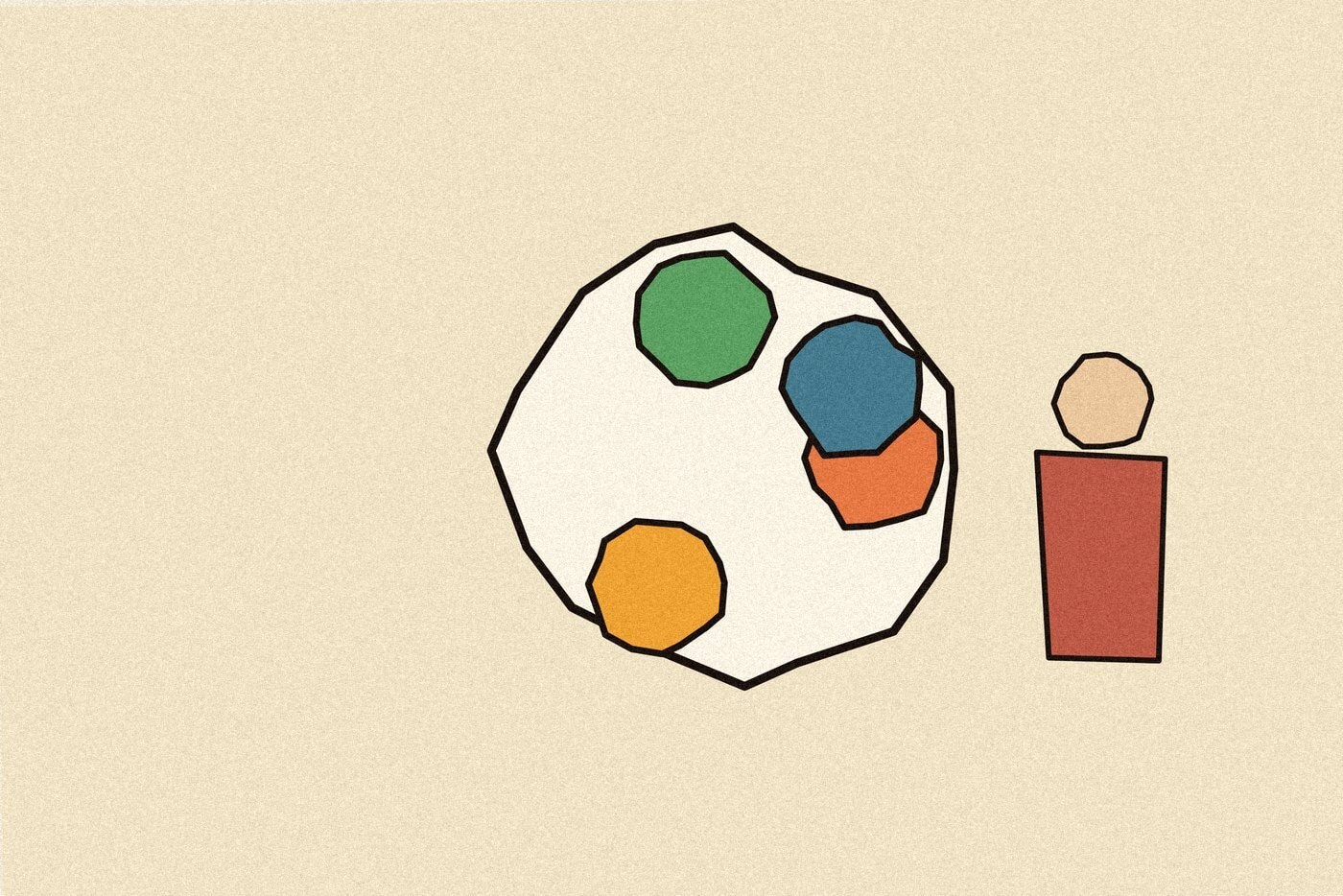 Linocut-style woodblock print illustration of a round plate with colourful food shapes arranged around its edge, representing vitamin A rich foods