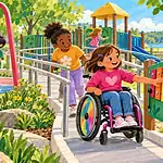 A child using a wheelchair joins friends on a smooth ramp at an inclusive playground