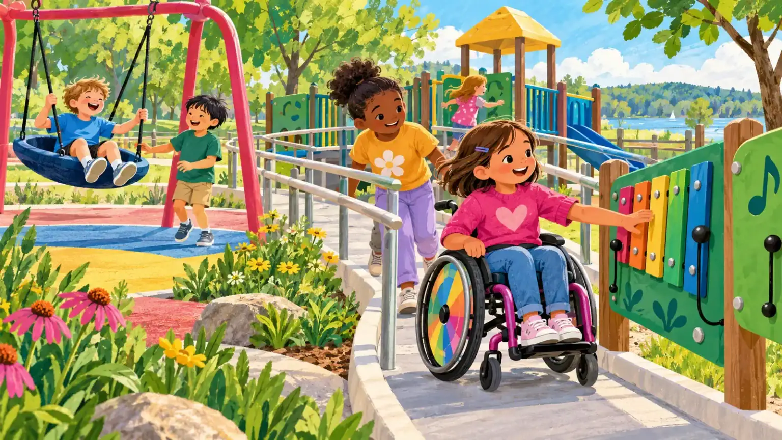 A child using a wheelchair joins friends on a smooth ramp at an inclusive playground