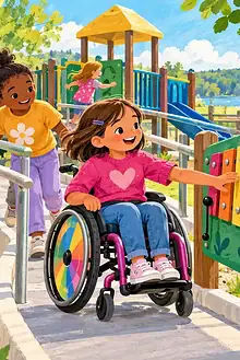 A child using a wheelchair joins friends on a smooth ramp at an inclusive playground
