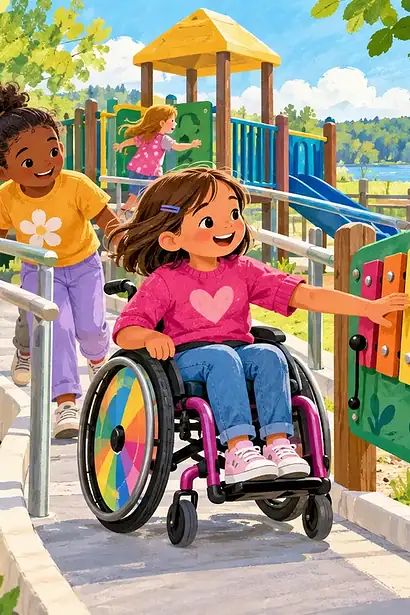 A child using a wheelchair joins friends on a smooth ramp at an inclusive playground