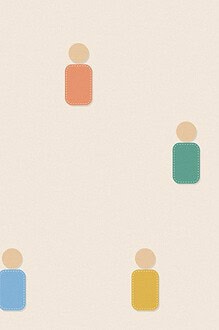 Felt appliqué style illustration of colourful soft rounded figures with dashed stitch borders, arranged for the activity 'The Whisper Line: the classic telephone game'