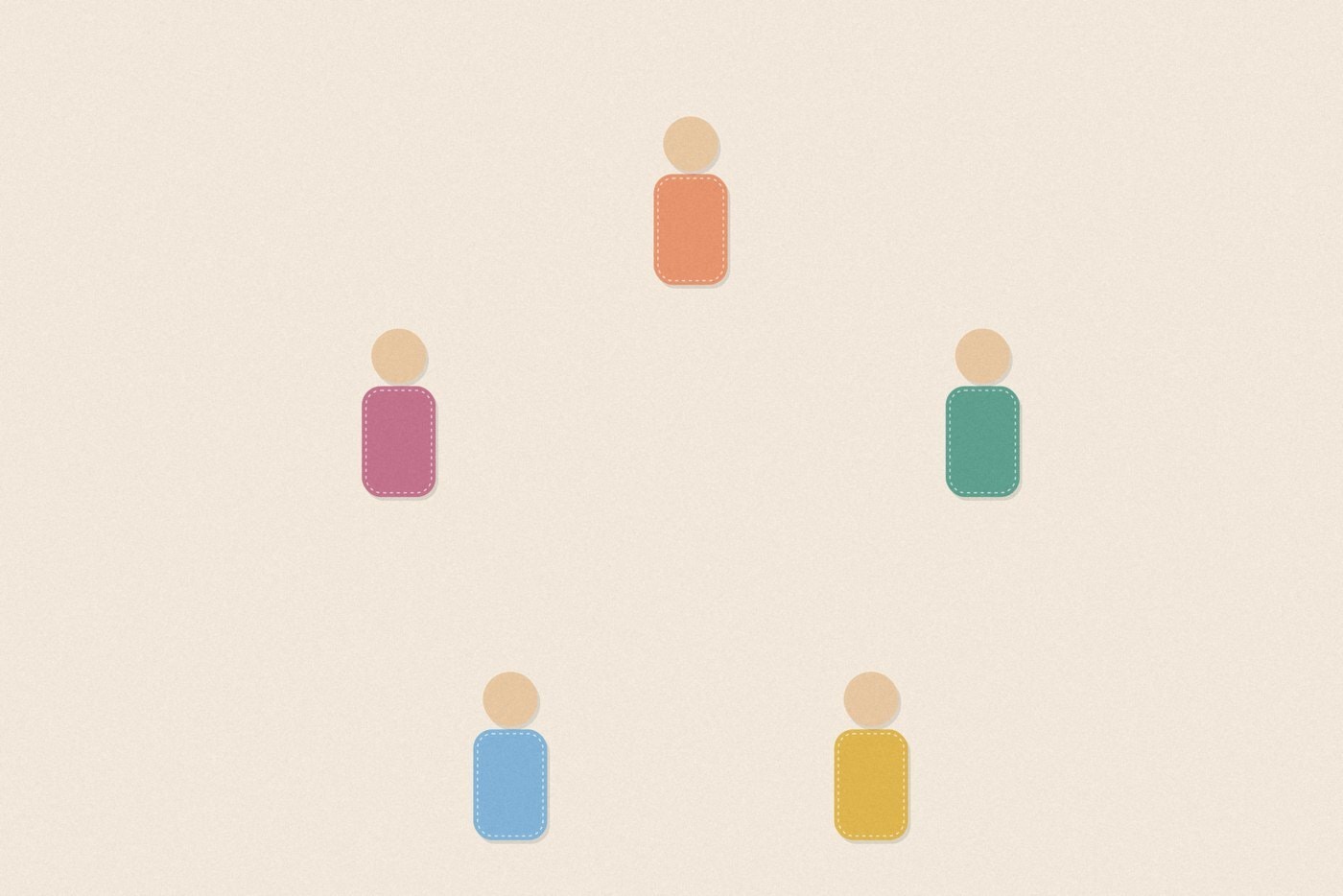 Felt appliqué style illustration of colourful soft rounded figures with dashed stitch borders, arranged for the activity 'The Whisper Line: the classic telephone game'