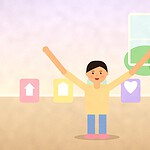 Illustration of a teenager standing with arms raised among five signpost cards showing a house, a school, a doctor's symbol, a heart and two people, representing different sources of help