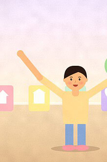 Illustration of a teenager standing with arms raised among five signpost cards showing a house, a school, a doctor's symbol, a heart and two people, representing different sources of help