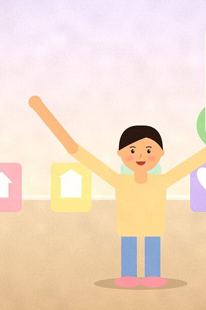 Illustration of a teenager standing with arms raised among five signpost cards showing a house, a school, a doctor's symbol, a heart and two people, representing different sources of help