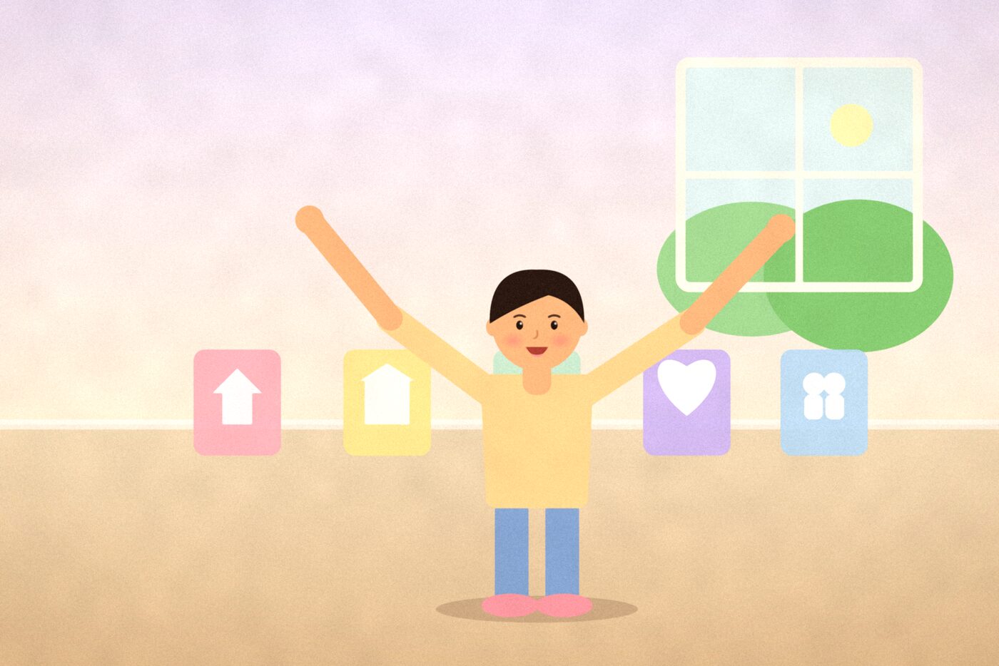Illustration of a teenager standing with arms raised among five signpost cards showing a house, a school, a doctor's symbol, a heart and two people, representing different sources of help