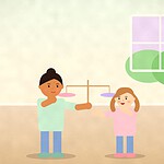 Illustration of a parent and teenager standing on either side of a simple balance scale with two cushions, each weighing evenly