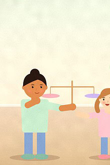 Illustration of a parent and teenager standing on either side of a simple balance scale with two cushions, each weighing evenly