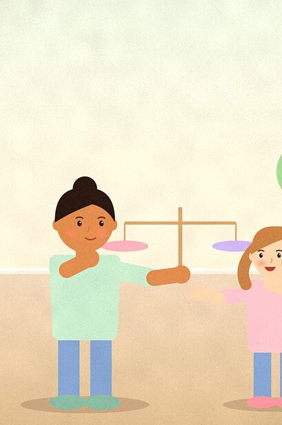 Illustration of a parent and teenager standing on either side of a simple balance scale with two cushions, each weighing evenly