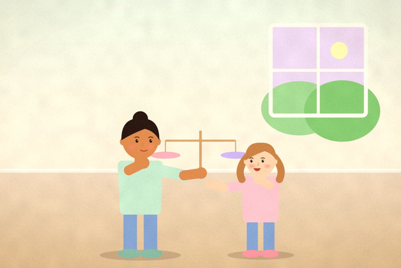 Illustration of a parent and teenager standing on either side of a simple balance scale with two cushions, each weighing evenly