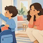 Child using a simple picture checklist beside a backpack while a caregiver waits supportively