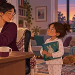 A working parent closes a laptop and turns toward a child holding a book at the end of the workday