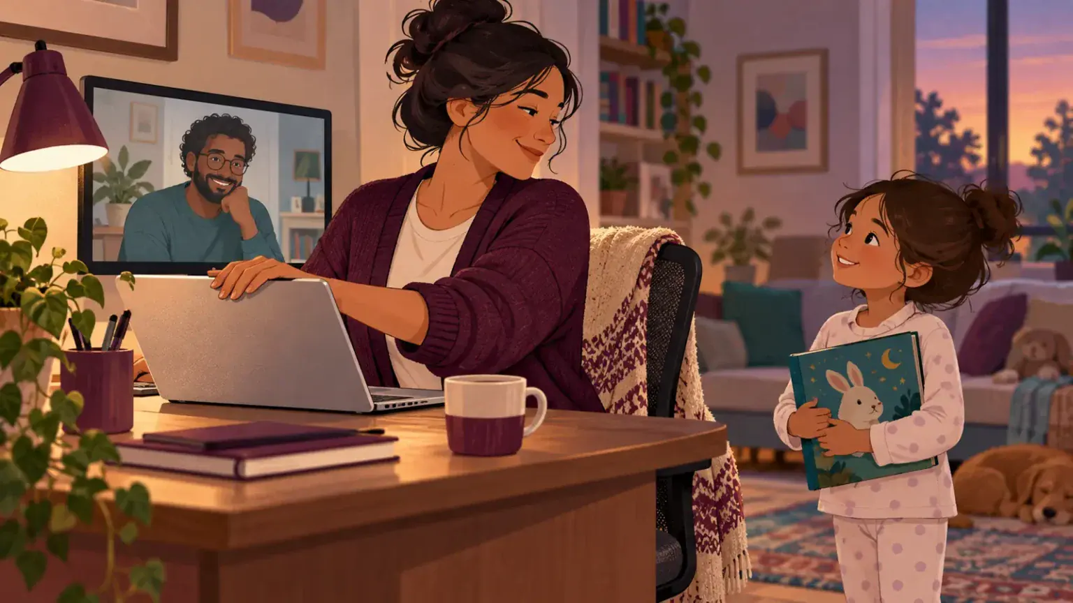 A working parent closes a laptop and turns toward a child holding a book at the end of the workday