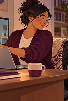 A working parent closes a laptop and turns toward a child holding a book at the end of the workday