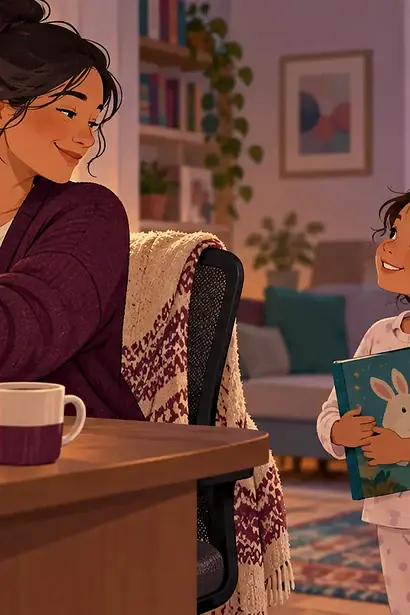 A working parent closes a laptop and turns toward a child holding a book at the end of the workday